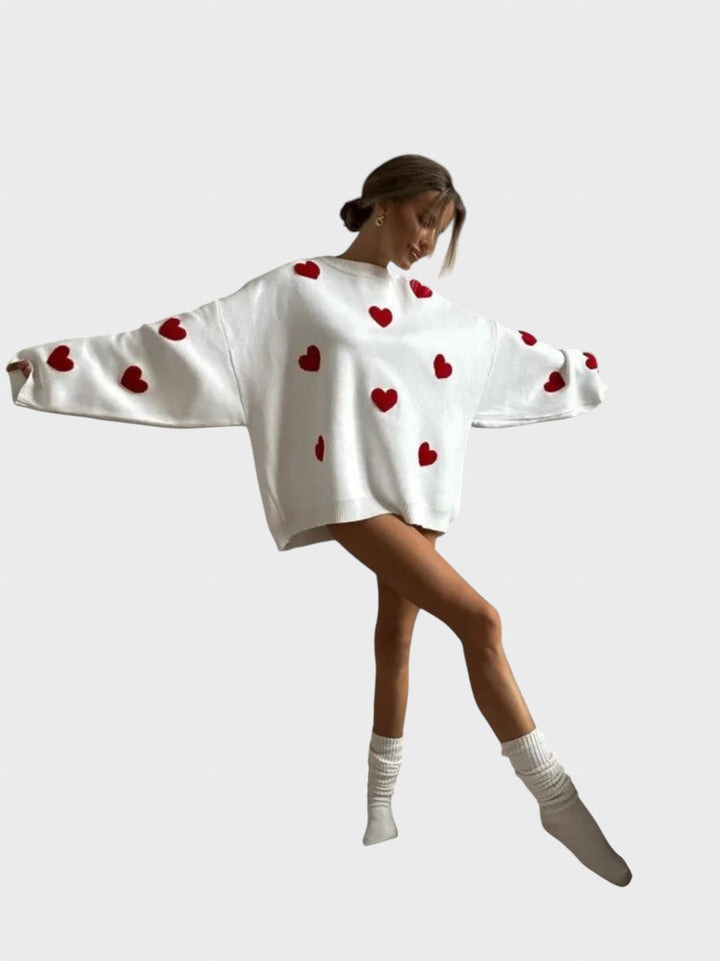 Hristina™ - Плетен пуловер с бродирани сърца