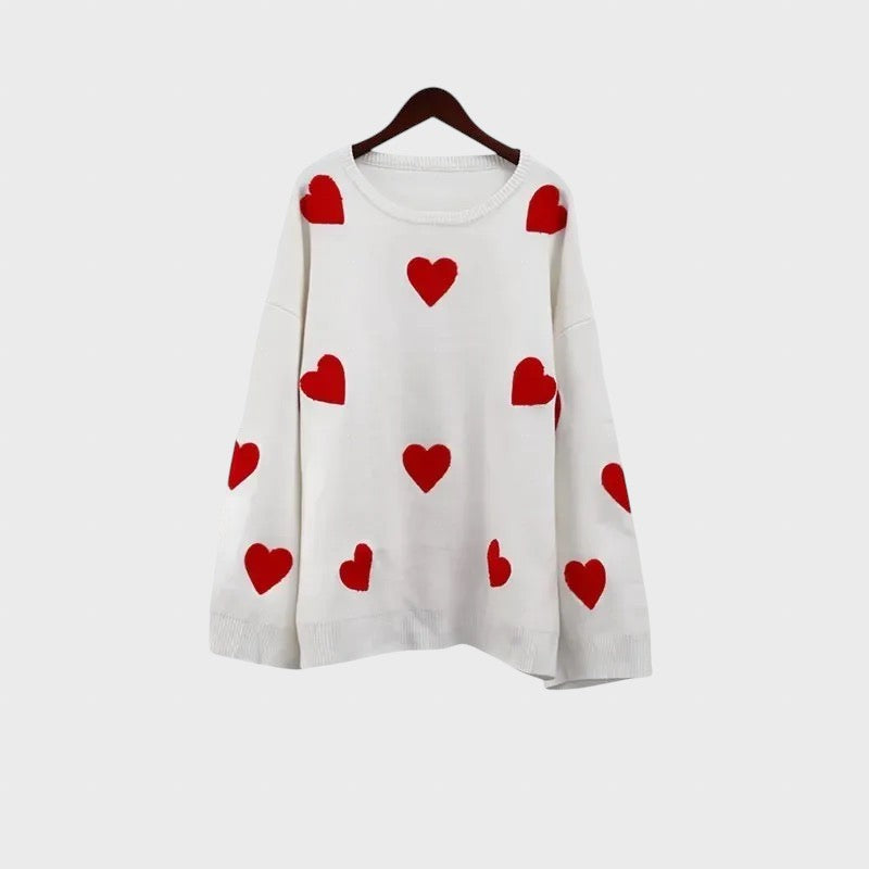 Hristina™ - Плетен пуловер с бродирани сърца