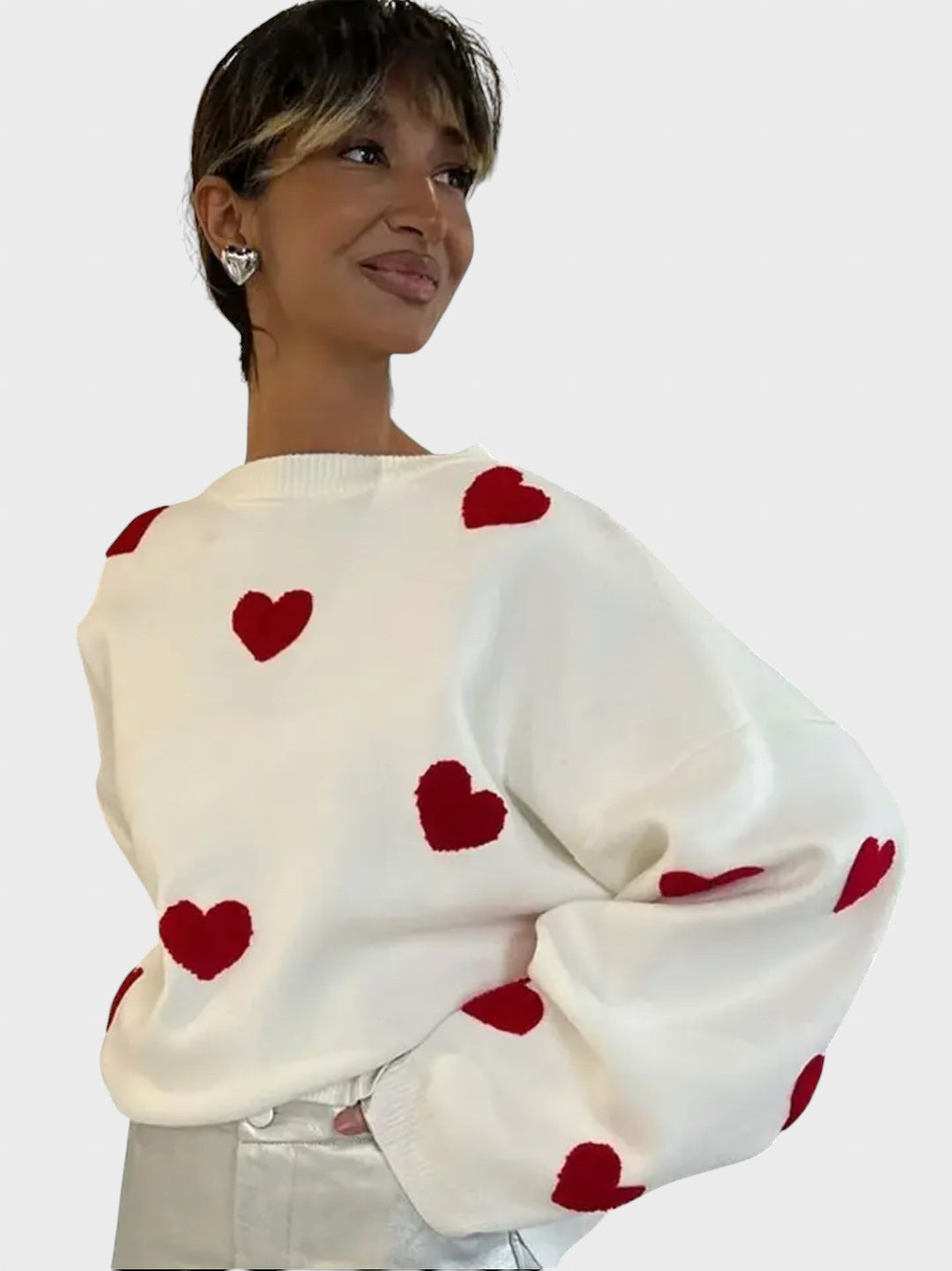 Hristina™ - Плетен пуловер с бродирани сърца
