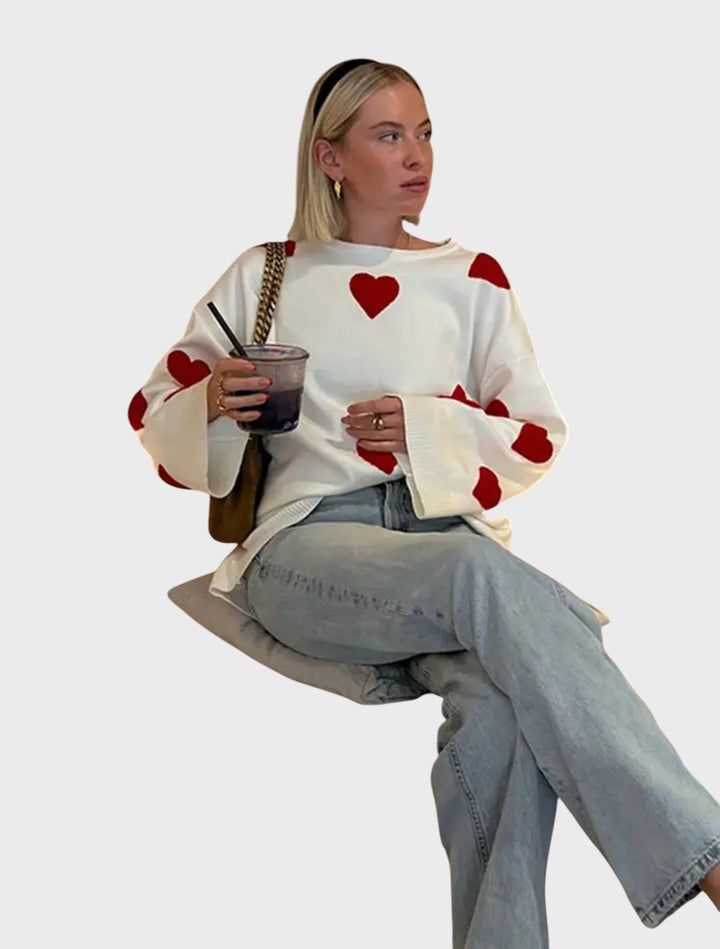 Hristina™ - Плетен пуловер с бродирани сърца