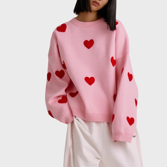 Hristina™ - Плетен пуловер с бродирани сърца